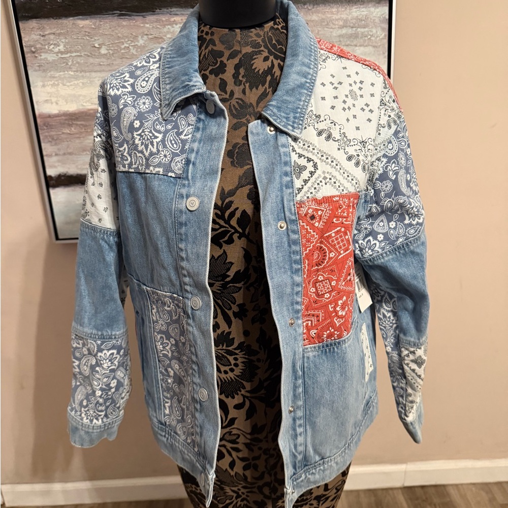 Vigoss Bandana Patchwork Denim‎ Jacket Medium Wash Paisley VG-J00898A Womens S